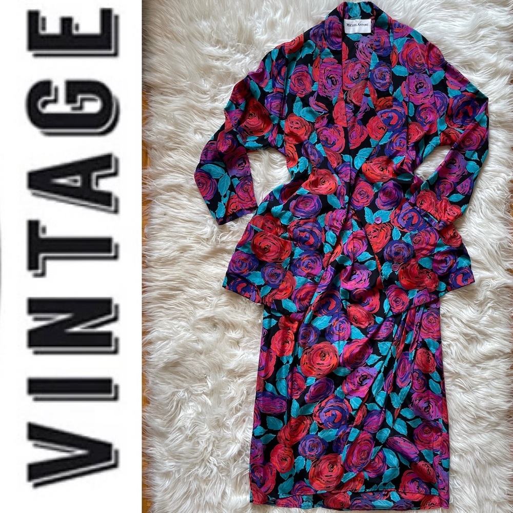 Vintage Michel Antoni Fall Floral Tulip Midi Skirt and Oversized Blazer set
